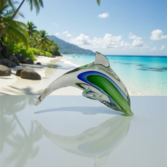 Murano Italy Hand Blown Glass Dolphin w/ Blue Green Interior 9.5" Long - Picture 1 of 9